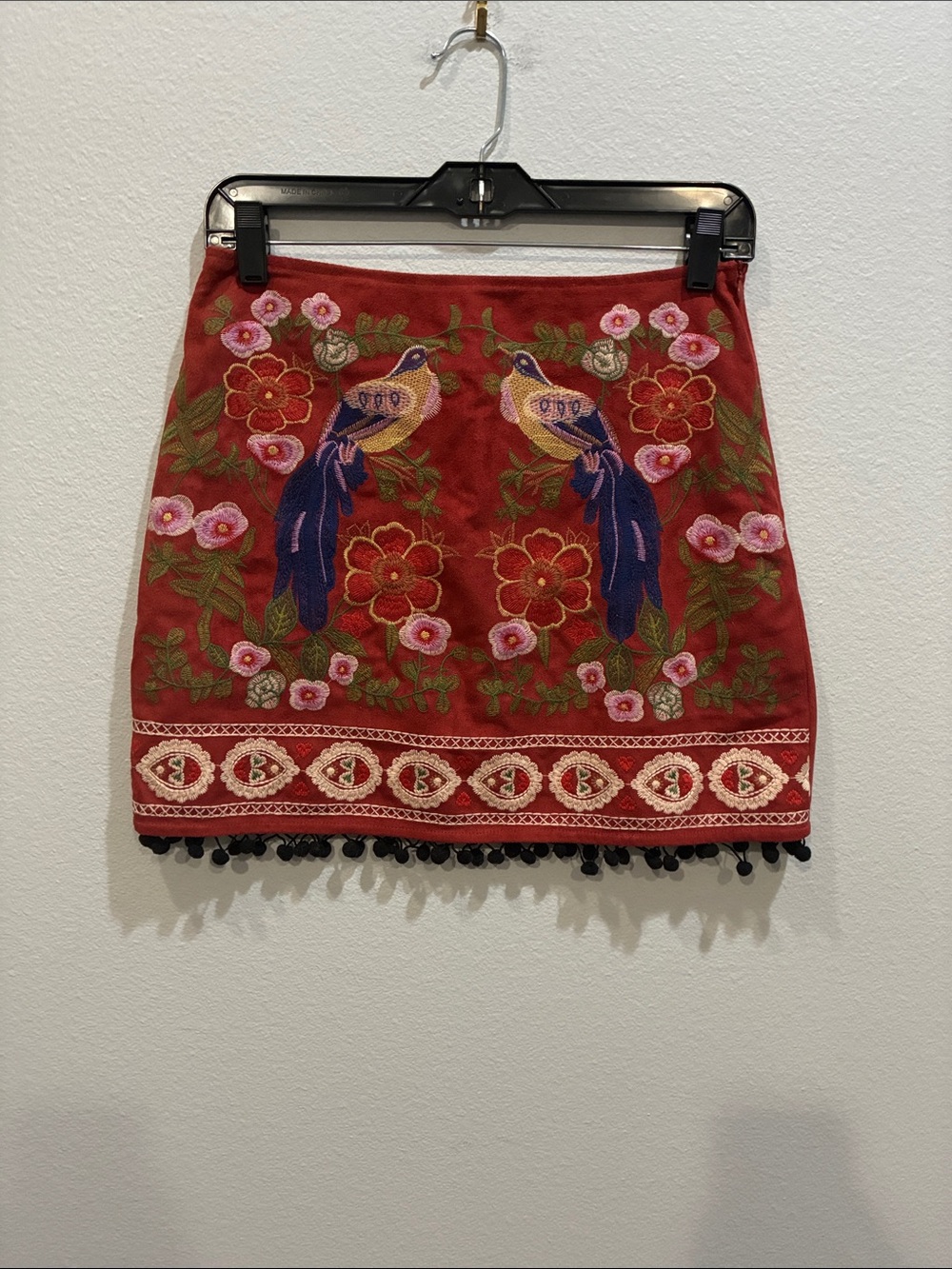 Altar'd State Red Embroidered Mini Skirt with Bird Motif